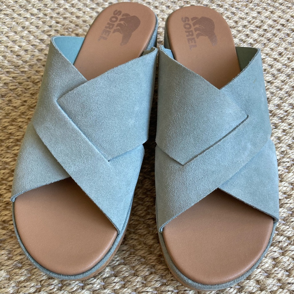 NEW Sorel Cameron light blue wedge sandals 8.5